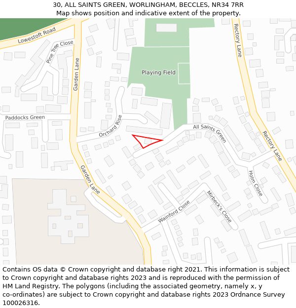 30, ALL SAINTS GREEN, WORLINGHAM, BECCLES, NR34 7RR: Location map and indicative extent of plot