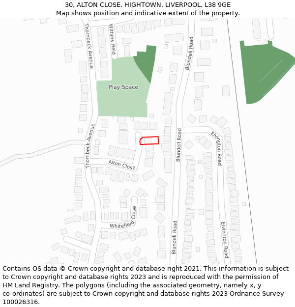 30, ALTON CLOSE, HIGHTOWN, LIVERPOOL, L38 9GE: Location map and indicative extent of plot