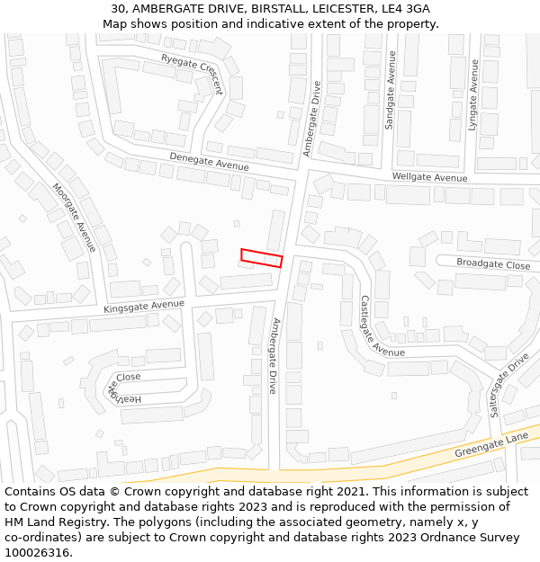 30, AMBERGATE DRIVE, BIRSTALL, LEICESTER, LE4 3GA: Location map and indicative extent of plot