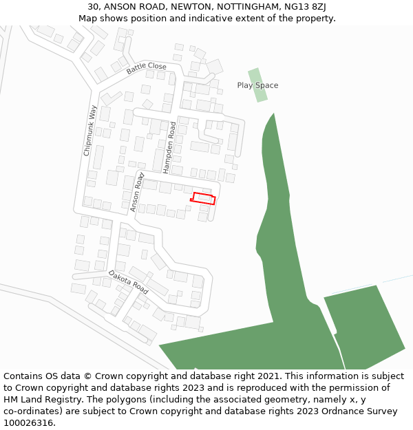 30, ANSON ROAD, NEWTON, NOTTINGHAM, NG13 8ZJ: Location map and indicative extent of plot