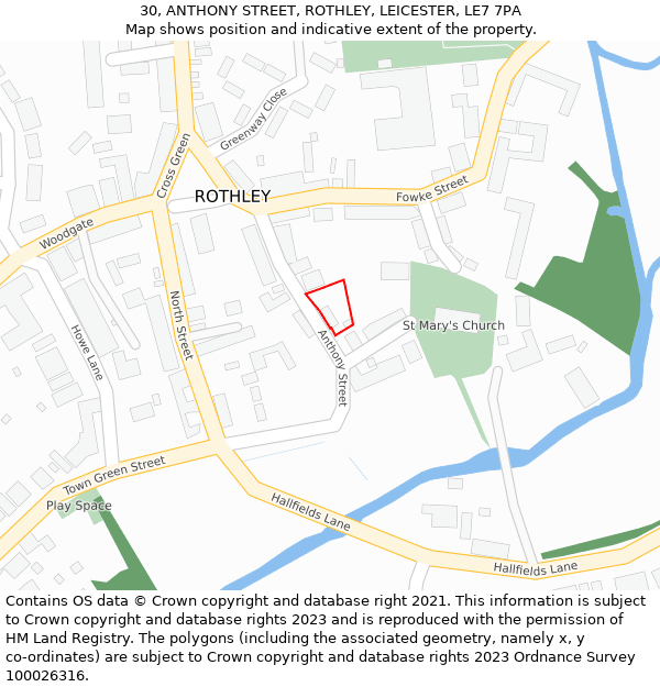 30, ANTHONY STREET, ROTHLEY, LEICESTER, LE7 7PA: Location map and indicative extent of plot