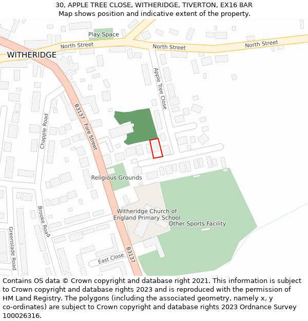 30, APPLE TREE CLOSE, WITHERIDGE, TIVERTON, EX16 8AR: Location map and indicative extent of plot