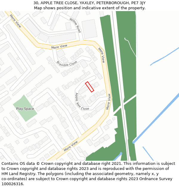 30, APPLE TREE CLOSE, YAXLEY, PETERBOROUGH, PE7 3JY: Location map and indicative extent of plot