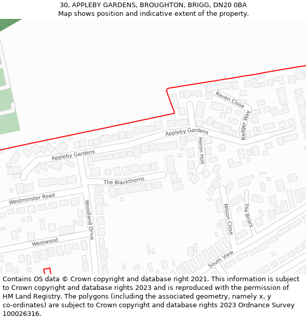 30, APPLEBY GARDENS, BROUGHTON, BRIGG, DN20 0BA: Location map and indicative extent of plot