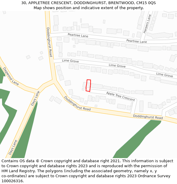 30, APPLETREE CRESCENT, DODDINGHURST, BRENTWOOD, CM15 0QS: Location map and indicative extent of plot