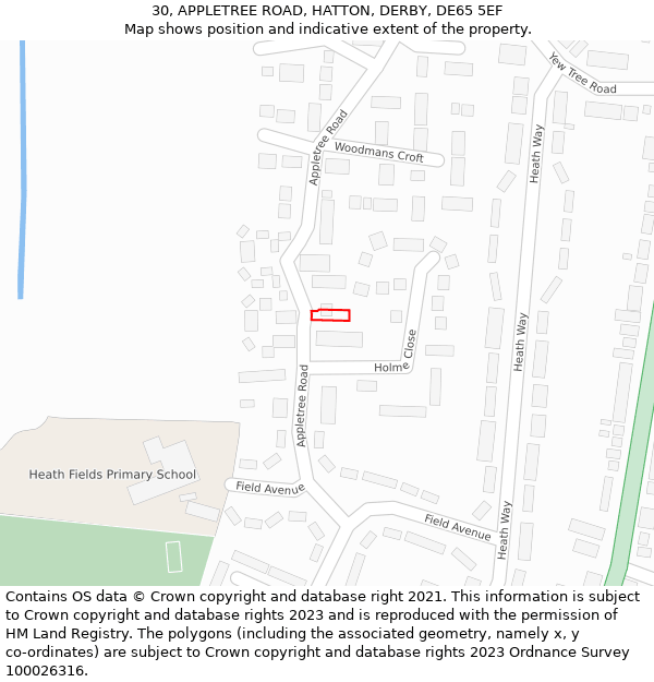 30, APPLETREE ROAD, HATTON, DERBY, DE65 5EF: Location map and indicative extent of plot