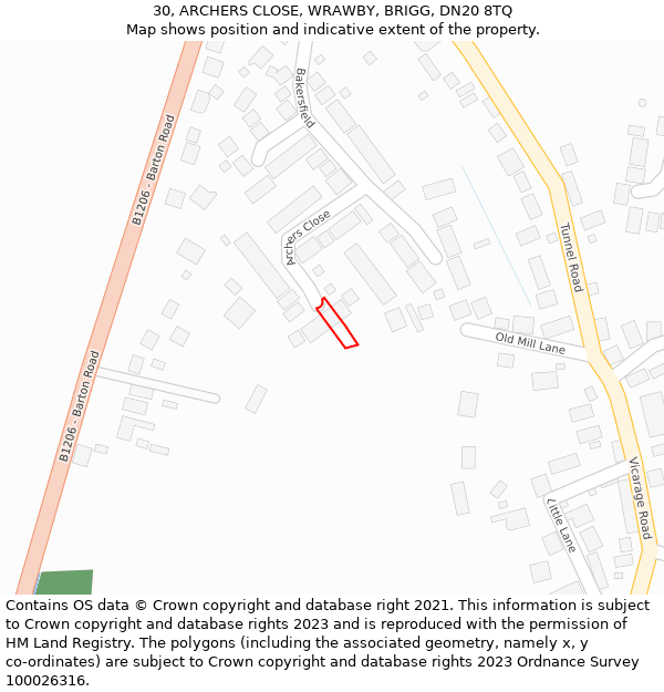 30, ARCHERS CLOSE, WRAWBY, BRIGG, DN20 8TQ: Location map and indicative extent of plot