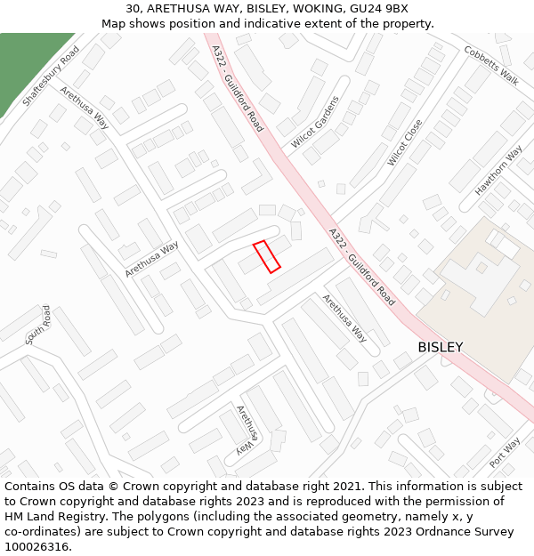 30, ARETHUSA WAY, BISLEY, WOKING, GU24 9BX: Location map and indicative extent of plot