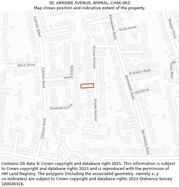 30, ARROWE AVENUE, WIRRAL, CH46 0RZ: Location map and indicative extent of plot