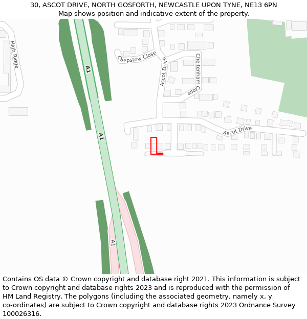 30, ASCOT DRIVE, NORTH GOSFORTH, NEWCASTLE UPON TYNE, NE13 6PN: Location map and indicative extent of plot