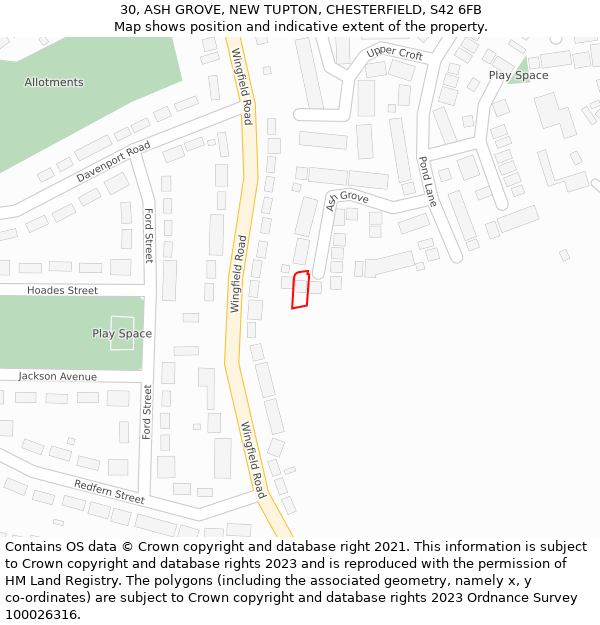 30, ASH GROVE, NEW TUPTON, CHESTERFIELD, S42 6FB: Location map and indicative extent of plot