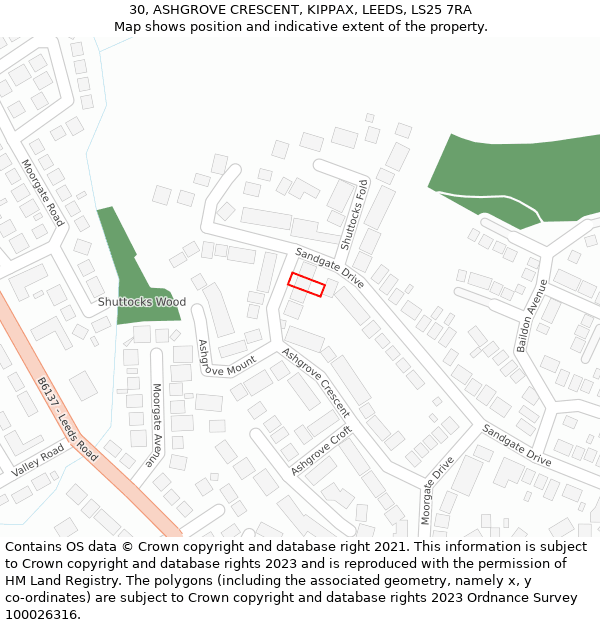 30, ASHGROVE CRESCENT, KIPPAX, LEEDS, LS25 7RA: Location map and indicative extent of plot