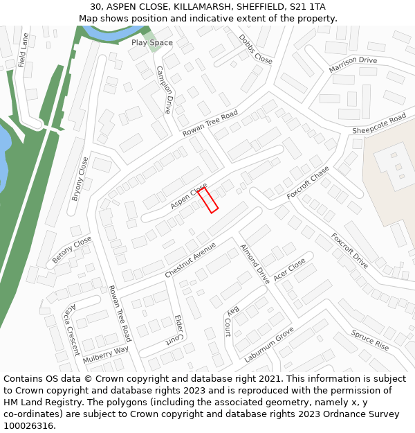 30, ASPEN CLOSE, KILLAMARSH, SHEFFIELD, S21 1TA: Location map and indicative extent of plot