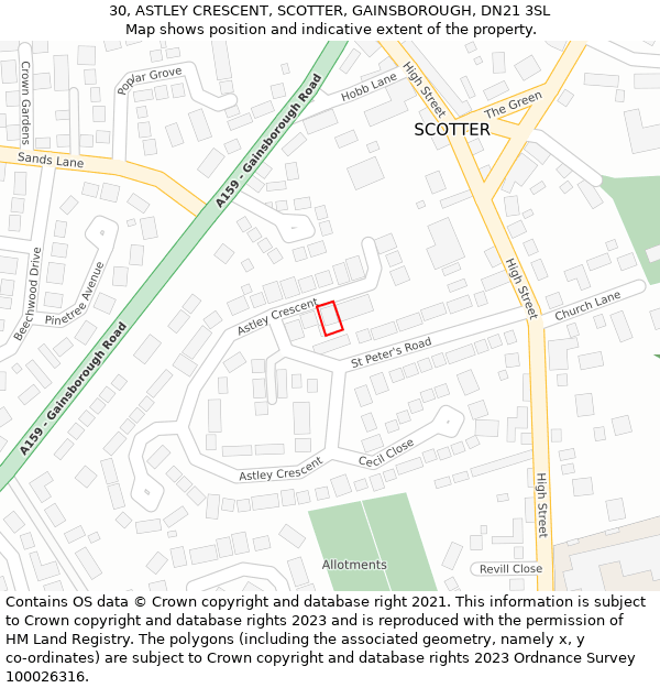 30, ASTLEY CRESCENT, SCOTTER, GAINSBOROUGH, DN21 3SL: Location map and indicative extent of plot