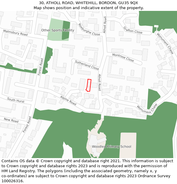 30, ATHOLL ROAD, WHITEHILL, BORDON, GU35 9QX: Location map and indicative extent of plot