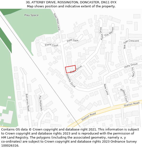 30, ATTERBY DRIVE, ROSSINGTON, DONCASTER, DN11 0YX: Location map and indicative extent of plot