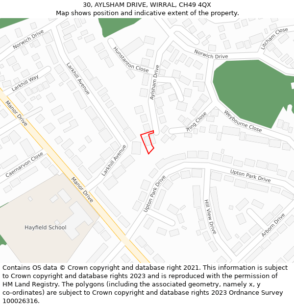 30, AYLSHAM DRIVE, WIRRAL, CH49 4QX: Location map and indicative extent of plot