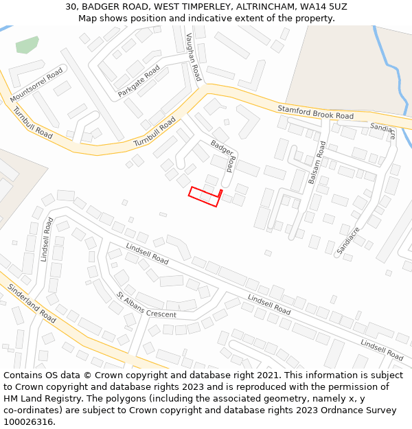 30, BADGER ROAD, WEST TIMPERLEY, ALTRINCHAM, WA14 5UZ: Location map and indicative extent of plot