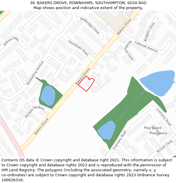 30, BAKERS DROVE, ROWNHAMS, SOUTHAMPTON, SO16 8AD: Location map and indicative extent of plot