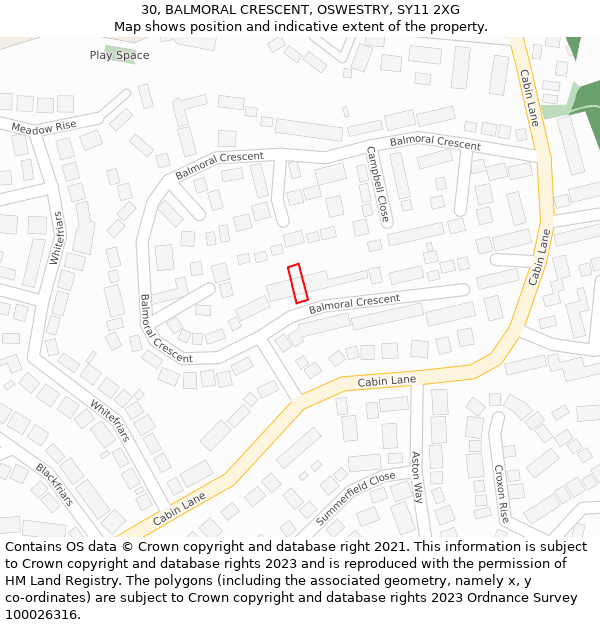 30, BALMORAL CRESCENT, OSWESTRY, SY11 2XG: Location map and indicative extent of plot