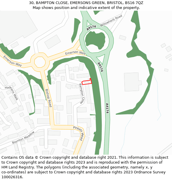 30, BAMPTON CLOSE, EMERSONS GREEN, BRISTOL, BS16 7QZ: Location map and indicative extent of plot