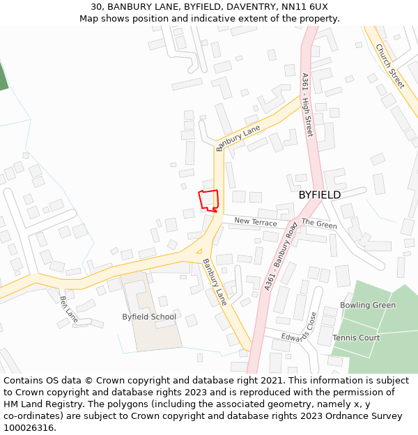 30, BANBURY LANE, BYFIELD, DAVENTRY, NN11 6UX: Location map and indicative extent of plot