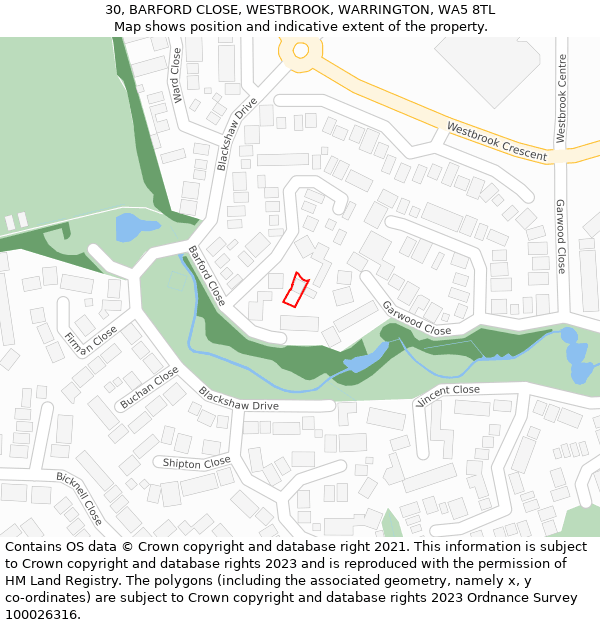 30, BARFORD CLOSE, WESTBROOK, WARRINGTON, WA5 8TL: Location map and indicative extent of plot