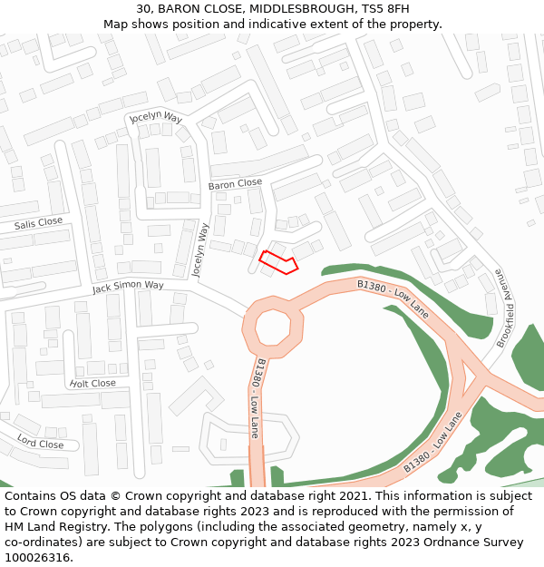 30, BARON CLOSE, MIDDLESBROUGH, TS5 8FH: Location map and indicative extent of plot