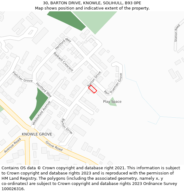 30, BARTON DRIVE, KNOWLE, SOLIHULL, B93 0PE: Location map and indicative extent of plot