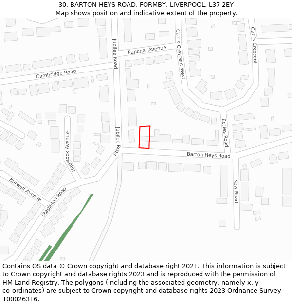 30, BARTON HEYS ROAD, FORMBY, LIVERPOOL, L37 2EY: Location map and indicative extent of plot