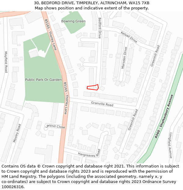 30, BEDFORD DRIVE, TIMPERLEY, ALTRINCHAM, WA15 7XB: Location map and indicative extent of plot