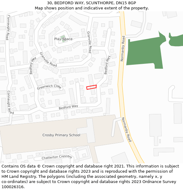 30, BEDFORD WAY, SCUNTHORPE, DN15 8GP: Location map and indicative extent of plot