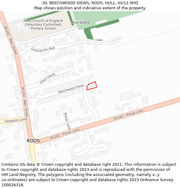 30, BEECHWOOD VIEWS, ROOS, HULL, HU12 0HQ: Location map and indicative extent of plot