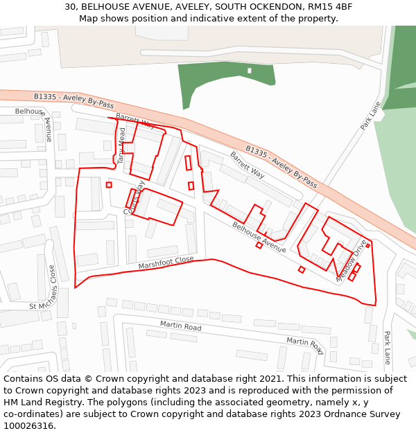 30, BELHOUSE AVENUE, AVELEY, SOUTH OCKENDON, RM15 4BF: Location map and indicative extent of plot