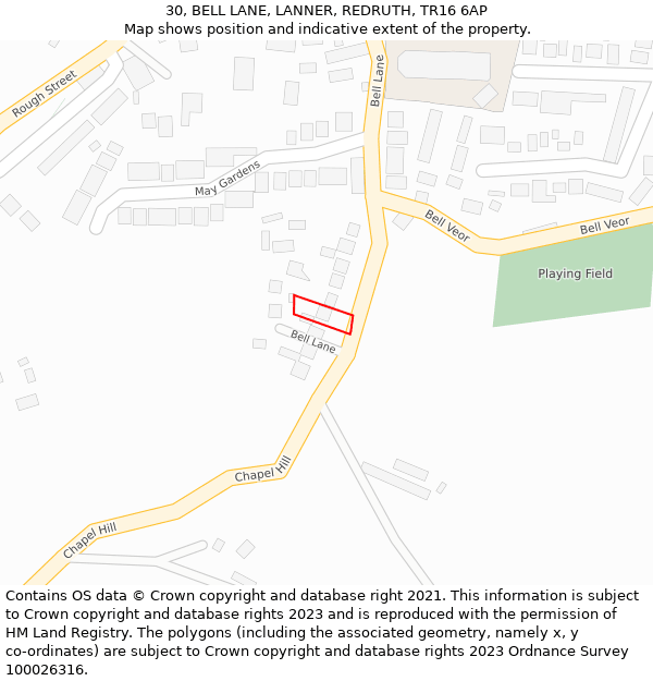 30, BELL LANE, LANNER, REDRUTH, TR16 6AP: Location map and indicative extent of plot