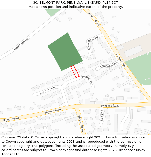 30, BELMONT PARK, PENSILVA, LISKEARD, PL14 5QT: Location map and indicative extent of plot