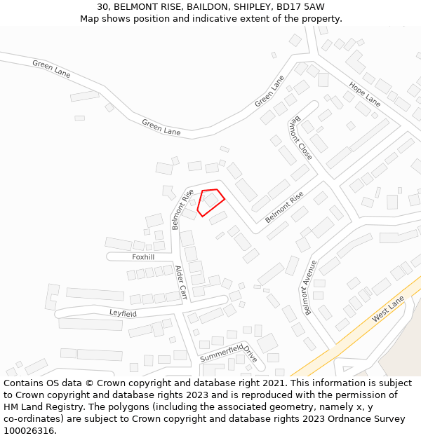 30, BELMONT RISE, BAILDON, SHIPLEY, BD17 5AW: Location map and indicative extent of plot