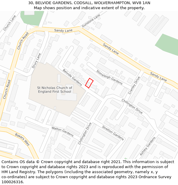 30, BELVIDE GARDENS, CODSALL, WOLVERHAMPTON, WV8 1AN: Location map and indicative extent of plot