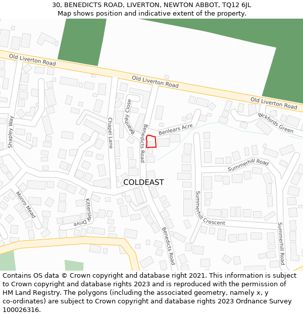 30, BENEDICTS ROAD, LIVERTON, NEWTON ABBOT, TQ12 6JL: Location map and indicative extent of plot