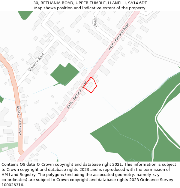 30, BETHANIA ROAD, UPPER TUMBLE, LLANELLI, SA14 6DT: Location map and indicative extent of plot