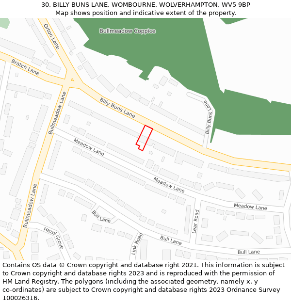 30, BILLY BUNS LANE, WOMBOURNE, WOLVERHAMPTON, WV5 9BP: Location map and indicative extent of plot