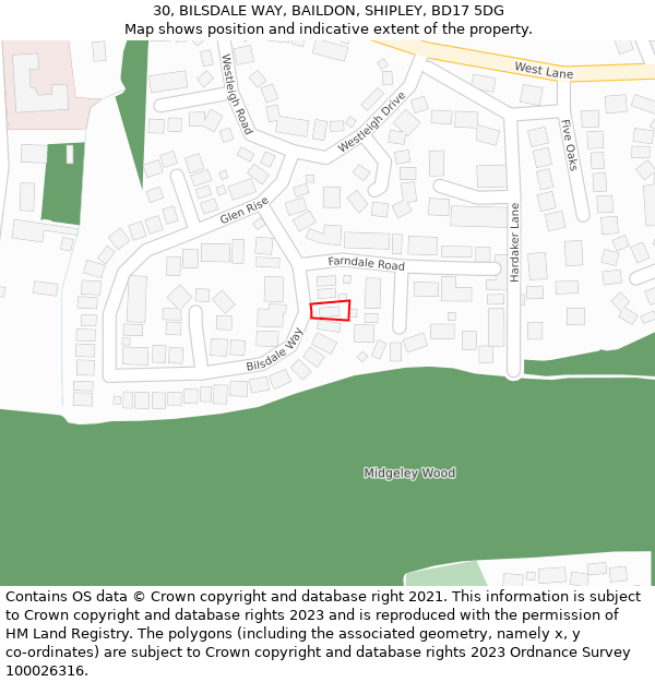 30, BILSDALE WAY, BAILDON, SHIPLEY, BD17 5DG: Location map and indicative extent of plot