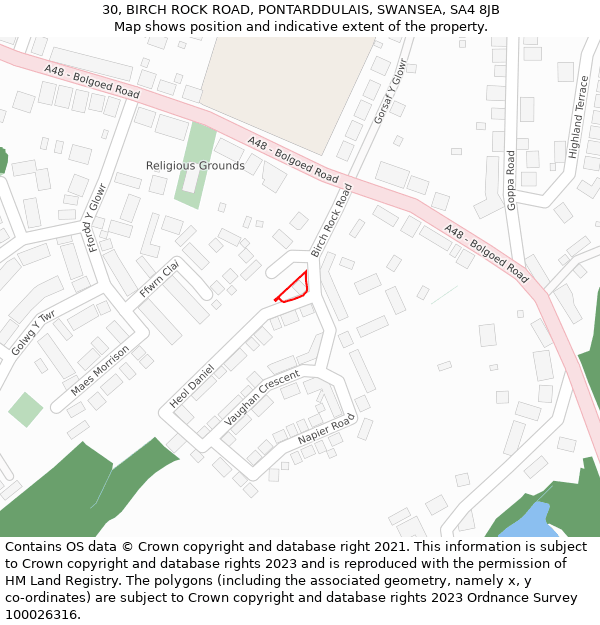 30, BIRCH ROCK ROAD, PONTARDDULAIS, SWANSEA, SA4 8JB: Location map and indicative extent of plot