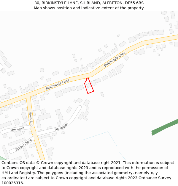 30, BIRKINSTYLE LANE, SHIRLAND, ALFRETON, DE55 6BS: Location map and indicative extent of plot