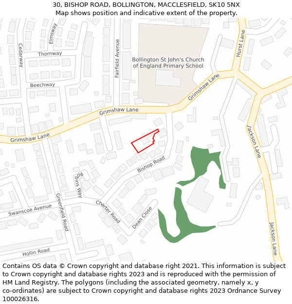 30, BISHOP ROAD, BOLLINGTON, MACCLESFIELD, SK10 5NX: Location map and indicative extent of plot