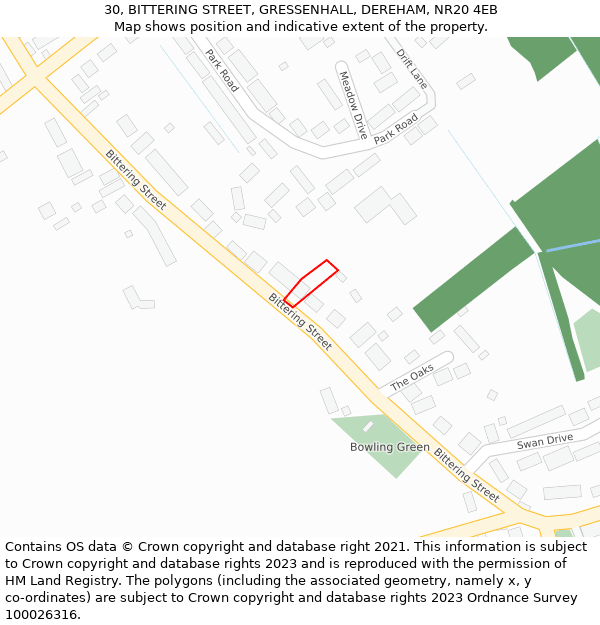 30, BITTERING STREET, GRESSENHALL, DEREHAM, NR20 4EB: Location map and indicative extent of plot