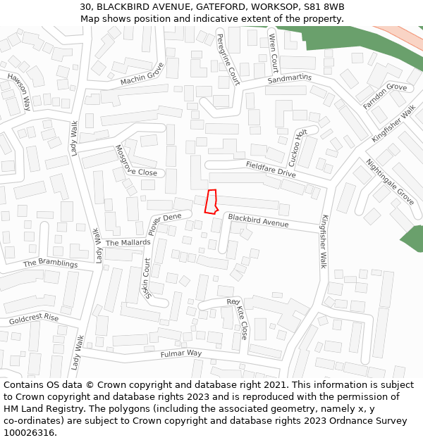 30, BLACKBIRD AVENUE, GATEFORD, WORKSOP, S81 8WB: Location map and indicative extent of plot