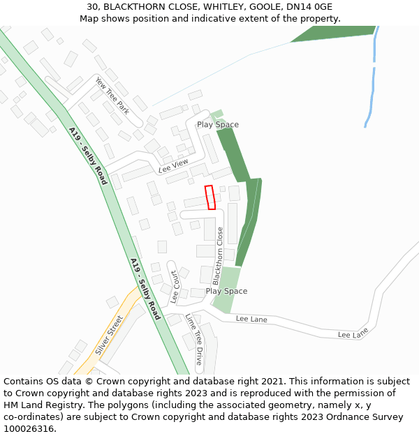 30, BLACKTHORN CLOSE, WHITLEY, GOOLE, DN14 0GE: Location map and indicative extent of plot