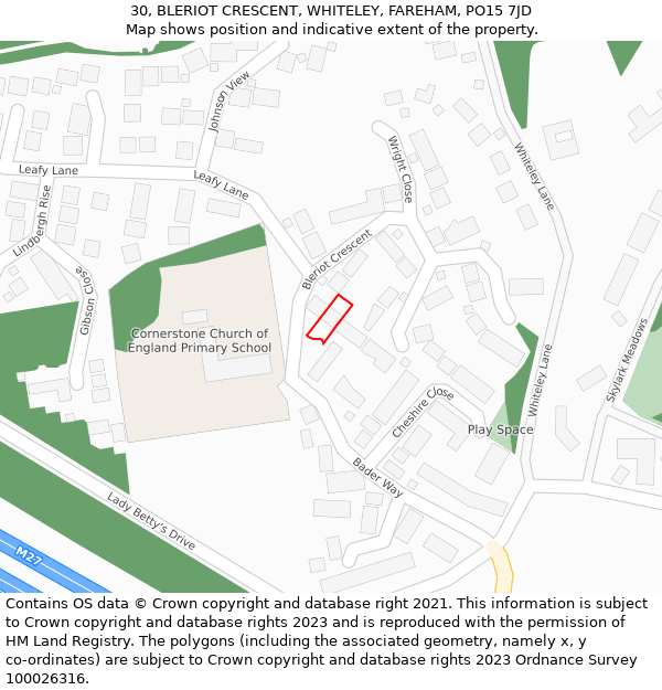 30, BLERIOT CRESCENT, WHITELEY, FAREHAM, PO15 7JD: Location map and indicative extent of plot