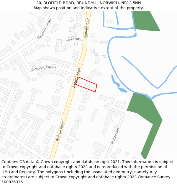 30, BLOFIELD ROAD, BRUNDALL, NORWICH, NR13 5NN: Location map and indicative extent of plot